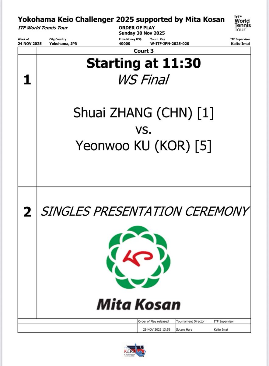 Keio_Challenger's tweet photo. 【11/30(日)OP公開】

女子大会のシングルス決勝戦、明日のOPを公開しました！
明日は【10:30受付開始】【11:30試合開始】です！

※駐車場がないため、車でのご来場はご遠慮頂いております。
ご理解の程宜しくお願い致します。

ホームページ/Facebook/Xでも情報を発信していきます！ https://t.co/TOJdu5OsgX