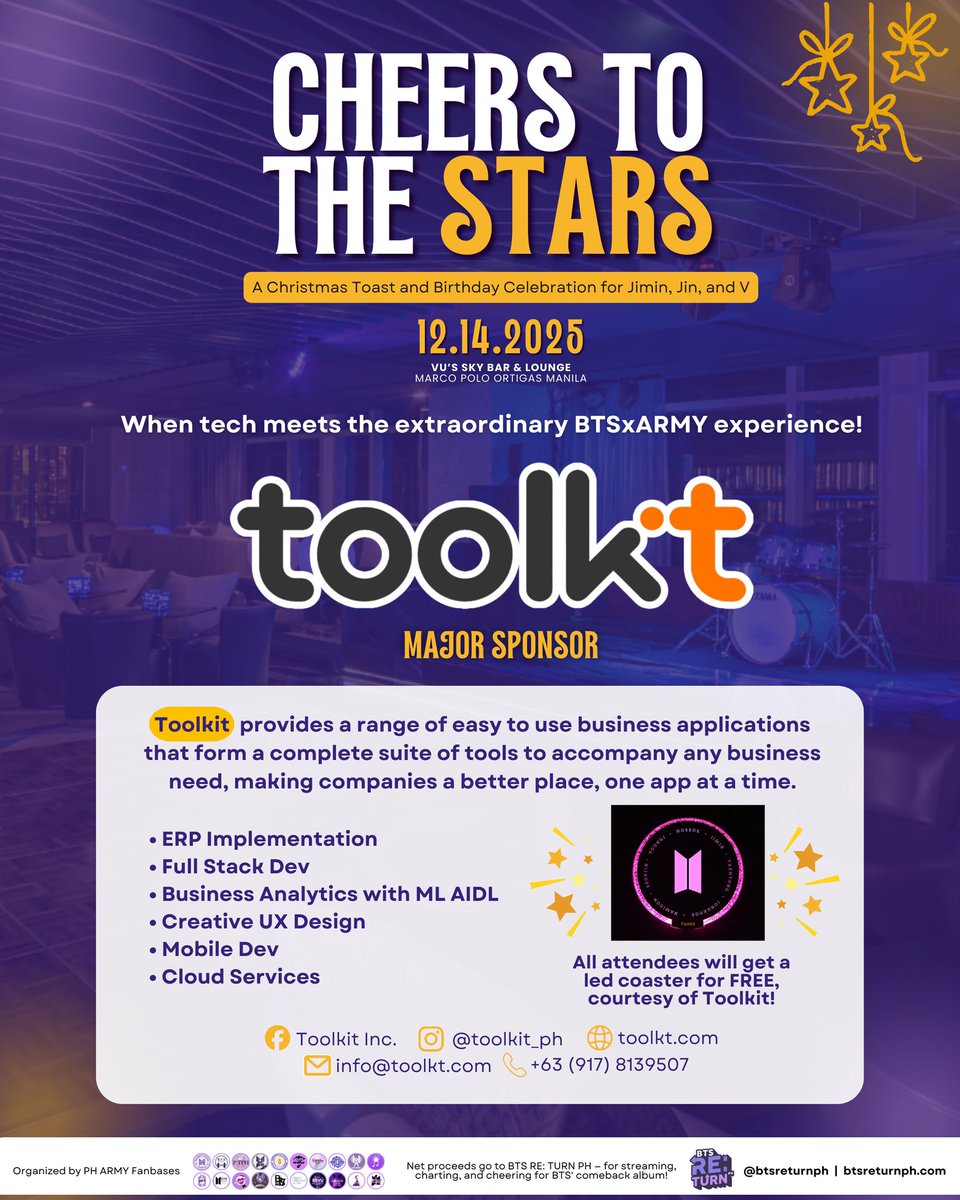 BTSstreamers's tweet image. ✨ MAJOR SPONSOR REVEAL ✨

Toolkit, Inc. joins ARMY in our Christmas toast and birthday celebration for Jimin, Jin, and V!

All attendees will get a fan-made BTS LED coaster for free — courtesy of Toolkit! Like and subscribe Toolkit on Facebook and Instagram 🧡💜

Register now:…