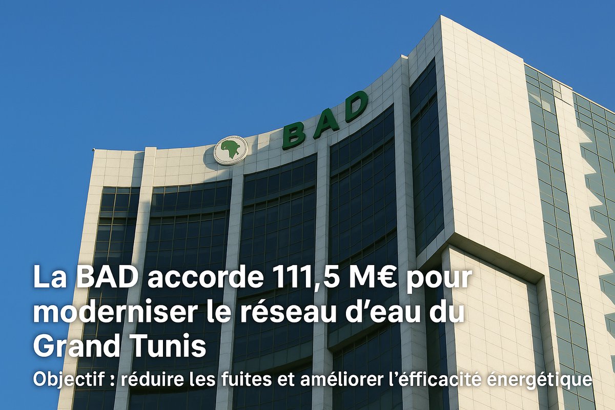 La #BAD accorde 111,5 M€ pour moderniser le #réseau d’#eau du Grand #Tunis.
 Un projet clé pour sécuriser l’accès à l’#eau potable et moderniser les #infrastructures de la #SONEDE.
Article complet : echosplus.com/2025/11/27/mod…
 #EauPotable #Tunisie #Climat