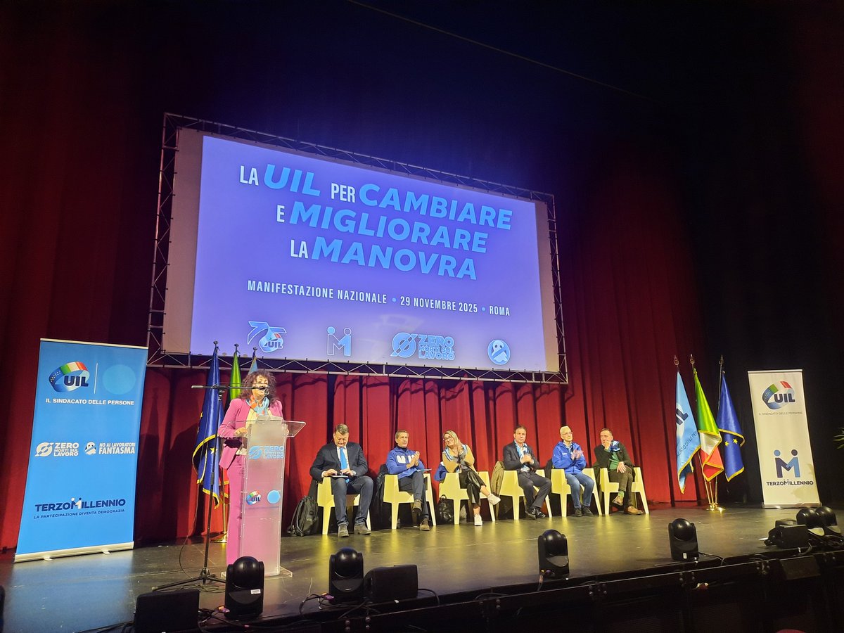 UilPiemonte's tweet image. Si è da poco conclusa, al Teatro Brancaccio a Roma, la manifestazione nazionale della UIL per cambiare e migliorare la manovra di bilancio 2026. Il Segretario Generale UIL, PierPaolo Bombardieri, ha chiuso i lavori della giornata.