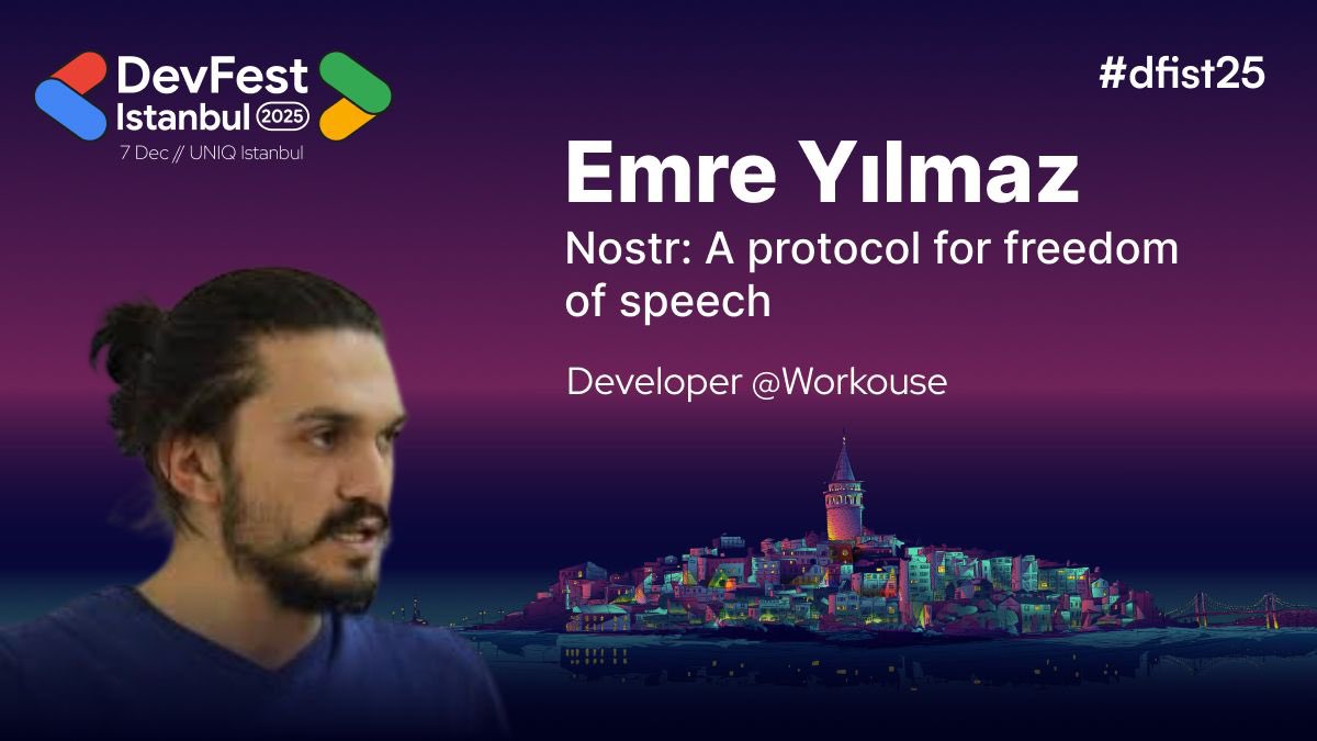 🔥 The speaker lineup keeps getting better! 🔥

We’re thrilled to announce Emre Yılmaz, Developer at Workouse, who will take the stage at DevFest Istanbul 2025 with a powerful session on "Nostr: A protocol for freedom of speech". 🚀

Expect insights that will challenge the way