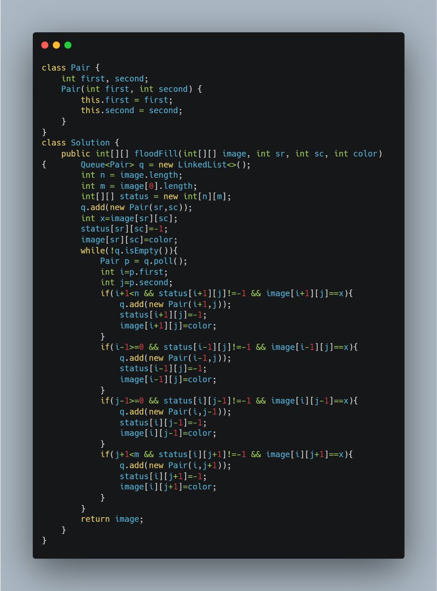 shamkyLearns's tweet image. Studying #Graph for placement 

Solved 4 LC questions based on BFS/DFS:
- 547. Number of Provinces.
- 200. Number of Islands.
- 994. Rotting Oranges.
- 733. Flood Fill.

#DSA #100DaysofDSA