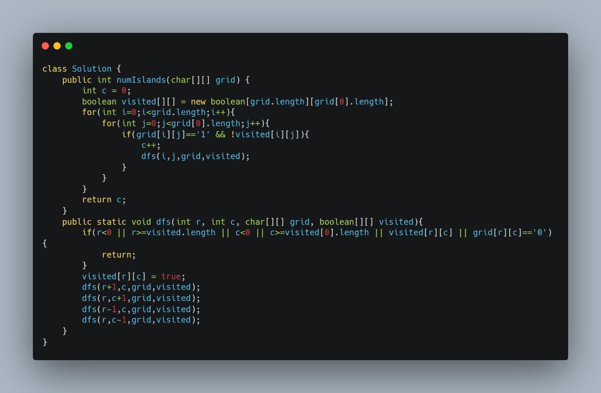 shamkyLearns's tweet image. Studying #Graph for placement 

Solved 4 LC questions based on BFS/DFS:
- 547. Number of Provinces.
- 200. Number of Islands.
- 994. Rotting Oranges.
- 733. Flood Fill.

#DSA #100DaysofDSA