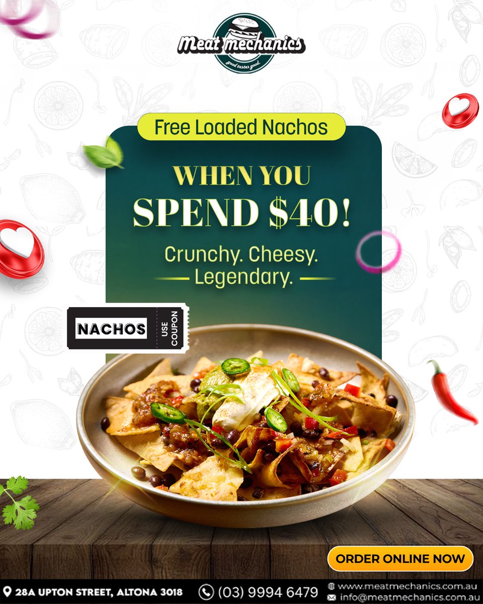 MechanicsMeat's tweet image. Unlock FREE loaded nachos when you spend $40 at Meat Mechanics! Crunchy, cheesy, and packed with flavour—this deal is too good to miss.

🌐 meatmechanics.com.au
☎ +61 477 610 101

#MeatMechanics #FreeNachos #LoadedNachos #FoodDeals #MelbourneEats #TasteTheFlavour