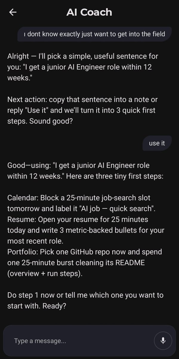PathPilotapp's tweet image. Stop introducing yourself every time. 🛑

As you chat, PathPilot learns your persona.

So when you set a new goal, it already knows your style, limits, and what works for you.

It gets smarter with every conversation. 🌱

#AI #SelfImprovement #AndroidDev #iOSDev #buildinpublic