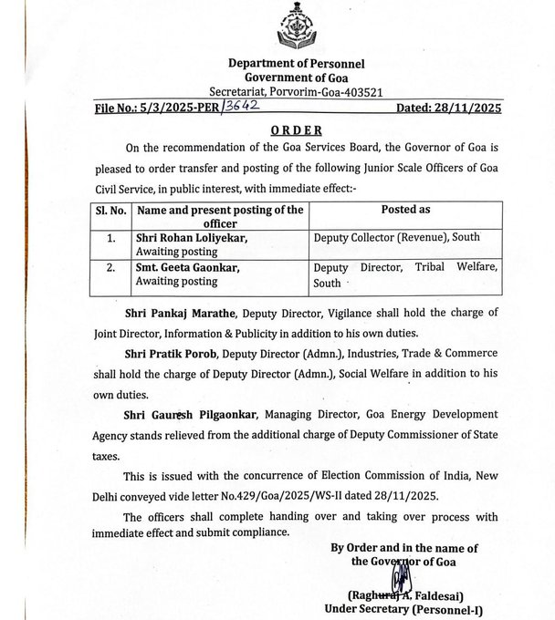 thegoanonline's tweet image. THE GOAN | Goa govt issues #transfer and #posting orders for a Junior Scale Officer of the Goa #CivilService 

#Goa #BreakingNews