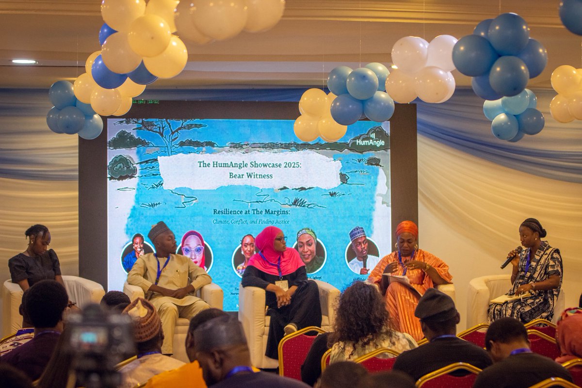 HumAngle_'s tweet photo. This panel at #HumAngleShowcase25 is focused on ‘Resilience at the Margins: Climate, Conflict, and Finding Justice’.
@HumAngleFdn’s Programme Director, @AngelaUmoru, moderates the conversation with Shezane Kirubi of the Norwegian Refugee Council, Zainab Bala of @TheScoopStory m, Rosemary Igboyi of the @NHRCNigeria, and Abdullahi Ibrahim, a HTCIF alumnus.