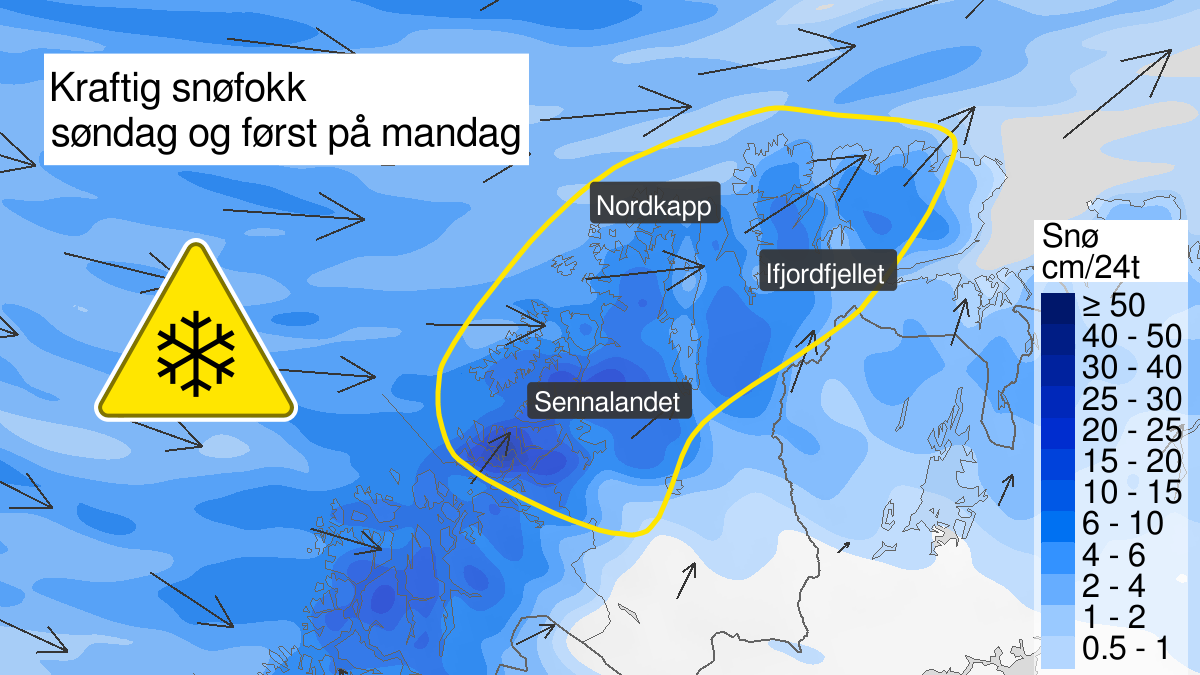 MetAPI25's tweet image. Gult farevarsel om snøfokk i deler av Finnmark ⚠️

Fra natt til søndag ventes perioder med krafitg snøfokk i høyden i forbindelse med sørvest til nordvest kuling og snøbyger. Faren avtar utover mandag, sist nær kysten.