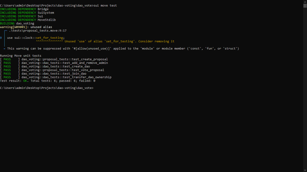 atulcode's tweet image. 📈Day 5
Documenting my journey learning Blockchain &amp;amp; Sui Move

I kept my words, got comfortable with Move language faster than expected😅

I built my first Voting DAO Smart Contract using MOVE 
I completed unit testing as well (PROOF 👇)

Now I'm working on Frontend⚡
Live Soon!