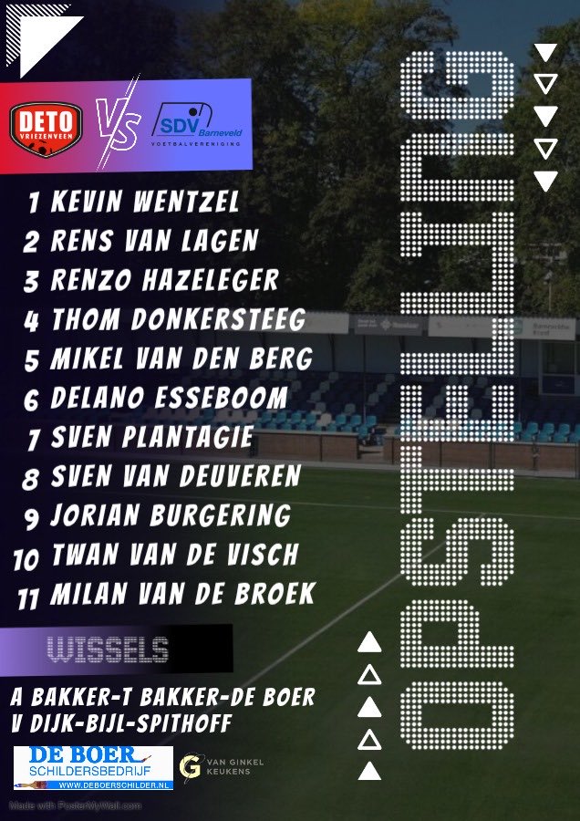 Onze 11:

*Competitie debuut Kevin Wentzel.
*Thomas Bakker vervangt de afwezige Delano Esseboom.