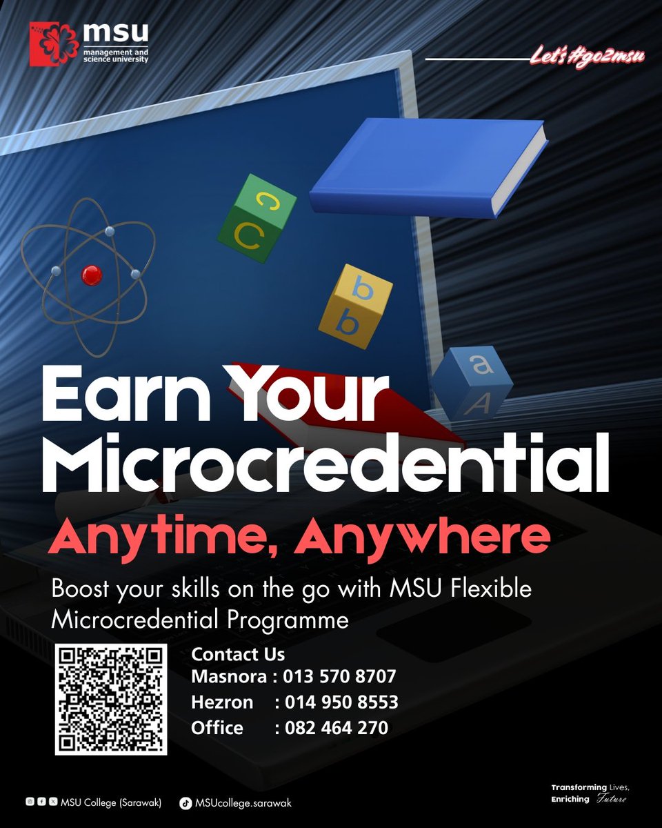 MsucSarawak's tweet image. Tingkatkan kemahiran anda dan menyerlah dalam kerjaya melalui program Microcredential MSU. Direka khas untuk kemudahan anda, program ini menawarkan pembelajaran yang fleksibel dan berfokuskan kemahiran.

Hubungi kami: wa.link/lei38v

#MSUMalaysia