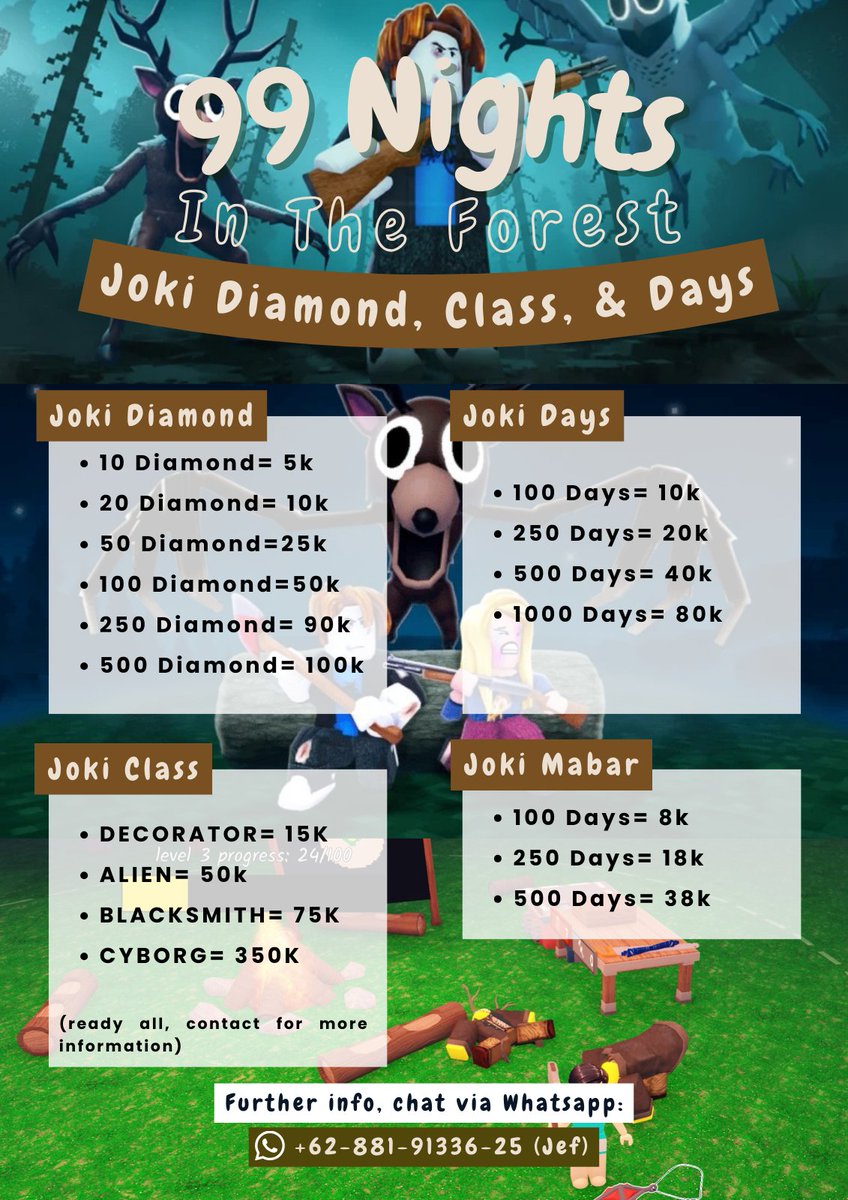 1berylbreeze's tweet image. Open joki roblox, 99 Nights in The Forest! Yang baru main langsung punya alien class, diamond banyak, days banyak biar ga dikacangin pas di room, joki aja gas!! 🌲💎📆👽🦌

#zonauang #robloxgame #roblox #99nightsintheforest #99malamdihutan #wts #jokitugasmurah #joki
