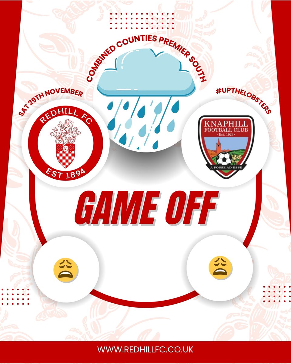 redhillfc's tweet image. Unfortunately the weather has beaten us and today’s game against @KnaphillFC is postponed. 

The game will now be rescheduled.