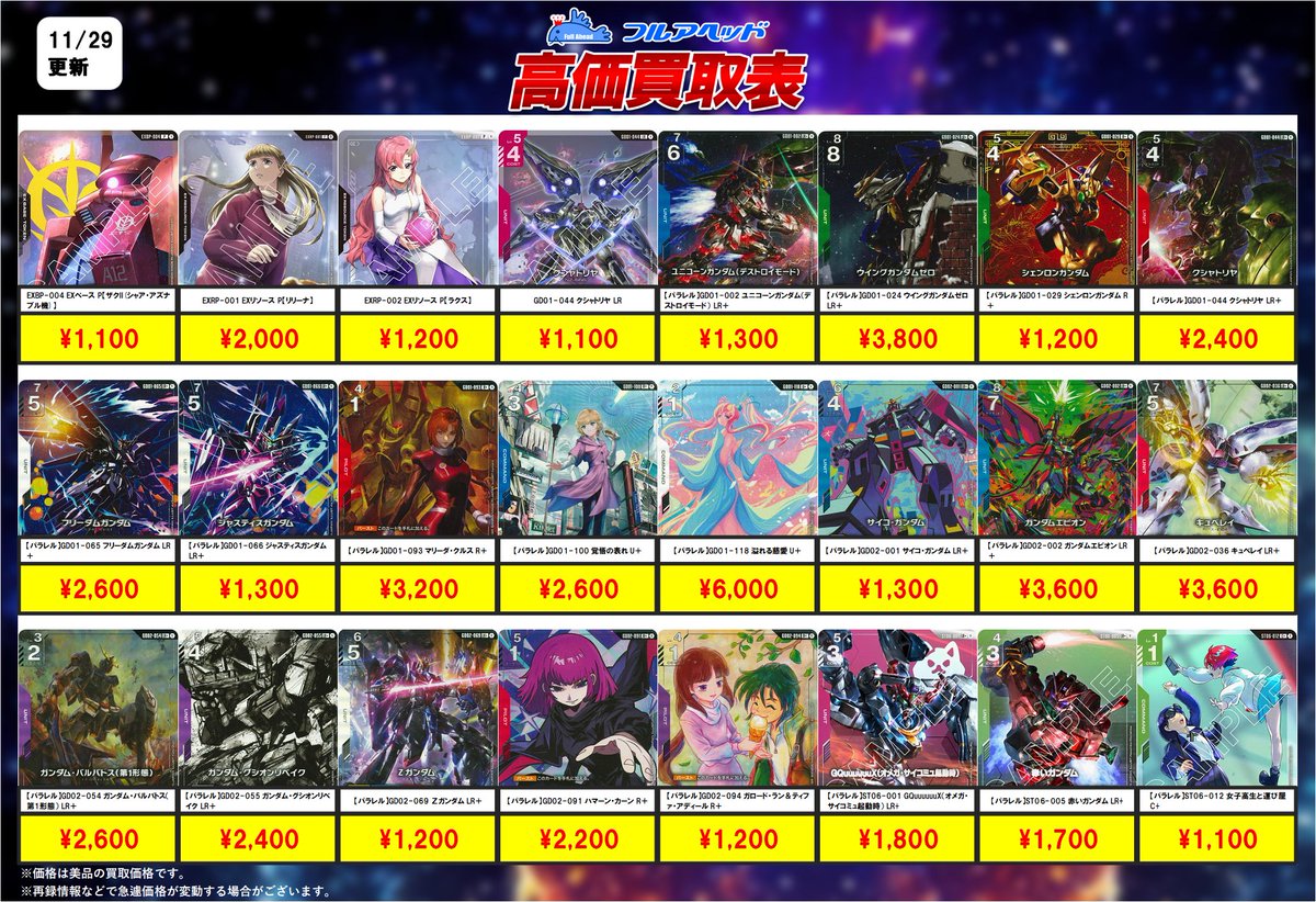 💥価格更新情報💥】 ガンダムカード買取表を更新いたしました！！ 今回