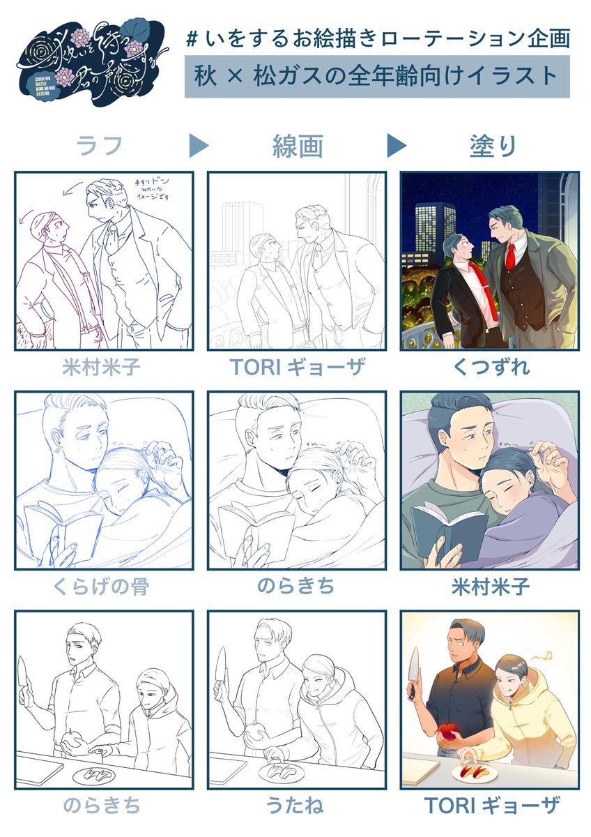 #秋のいをする絵描きローテーション企画 

お待たせいたしました！ご参加のみなさまの作業工程一覧表を公開します🥳✨
(敬称略にて失礼します)

引き続き、タグ付きでご投稿いただいた作品はRPにてご紹介させていただきます🍁
ぜひ楽しくご覧いただけましたら幸いです☺️