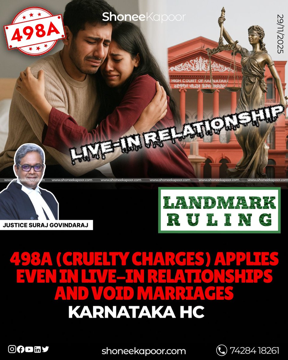 ShoneeKapoor's tweet photo. Karnataka High Court’s ruling has expanded 498A so broadly that even live-ins and void marriages can now be used to drag men into criminal cases. 

This judgment strengthens a law already prone to misuse, leaving men exposed even without a valid marriage.

Read More:👇
https://t.co/4lYwJrojo6

#498AMisuse #JusticeForMen #MenToo #FalseCases #Reform498A