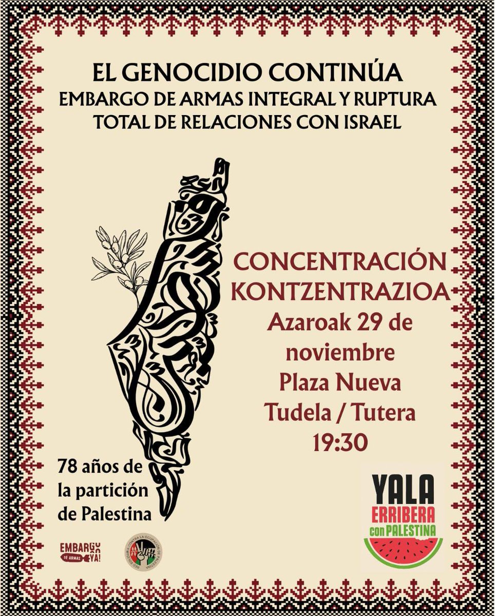 Yala Erribera convoca una nueva concentración en Tudela en solidaridad con Palestina

e-ribera.com/2025/11/yala-e…