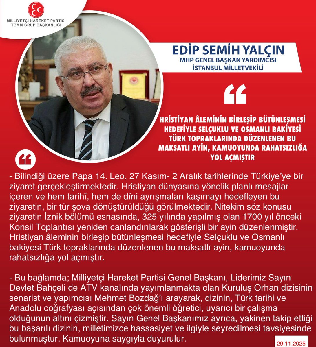 MhpTbmmGrubu's tweet photo. MHP Genel Başkan Yardımcısı ve İstanbul Milletvekilimiz Prof. Dr. E. Semih Yalçın @E_SemihYalcin: Hristiyan âleminin birleşip bütünleşmesi hedefiyle Selçuklu ve Osmanlı bakiyesi Türk topraklarında düzenlenen bu maksatlı ayin, kamuoyunda rahatsızlığa yol açmıştır https://t.co/a7U5OqEhj8