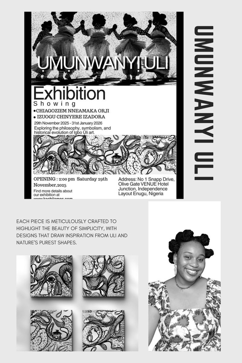 Sensational Igbo artist <a href="/nneamaka_orji/">Agọziem-Art</a> is opening her first-ever art exhibit in Enugu! Rooted in Uli traditions, her work celebrates Igbo womanhood and culture.

📍Kachi James Gallery, Enugu
🗓 29 Nov 2025 — 31 Jan 2026
⏰ Opening: 2 PM, 29 Nov

A landmark moment for Igbo art! ✨