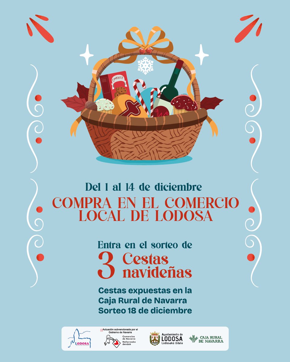 ✨ En Lodosa compras en tu comercio de siempre y puedes ganar una de las 3 cestas navideñas 😍
🛍️ Del 1 al 14 de diciembre
📍 Cestas expuestas en Caja Rural de Navarra
🎟️ Sorteo: 18 de diciembre

Subvenciona @gobierno_navarra
Colaboran @lodosa_info y Caja Rural de Navarra