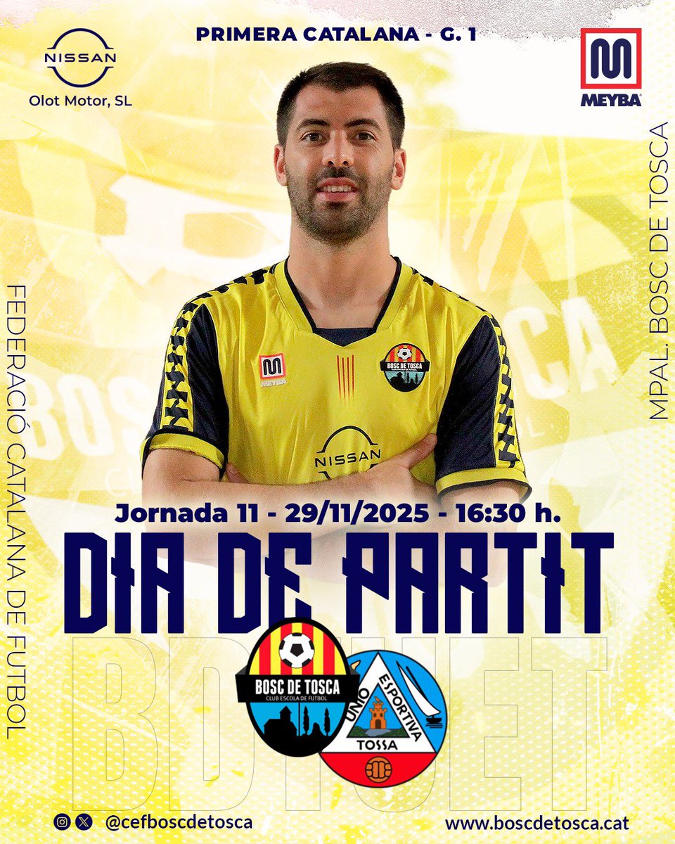 ⚔️ DIA DE PARTIT

🆚 <a href="/UETOSSA1922/">Unió Esportiva Tossa</a> 
⏰ 16.30h
📍 Mpal. Bosc de Tosca
🗓️ Jornada 11

#BDTTossa #1Cat1