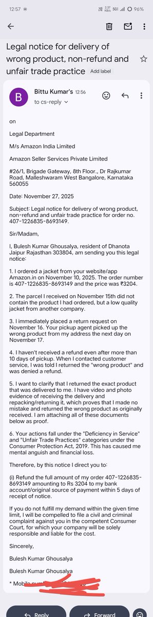 BollyNuse's tweet photo. @AmazonHelp Team Amazon, no action has been taken on this yet, hence I will be forced to take legal action, for which I have sent a notice to your team and tomorrow is the last deadline for the notice, after which I will file the case in the consumer court. https://t.co/sISHrYvQ39