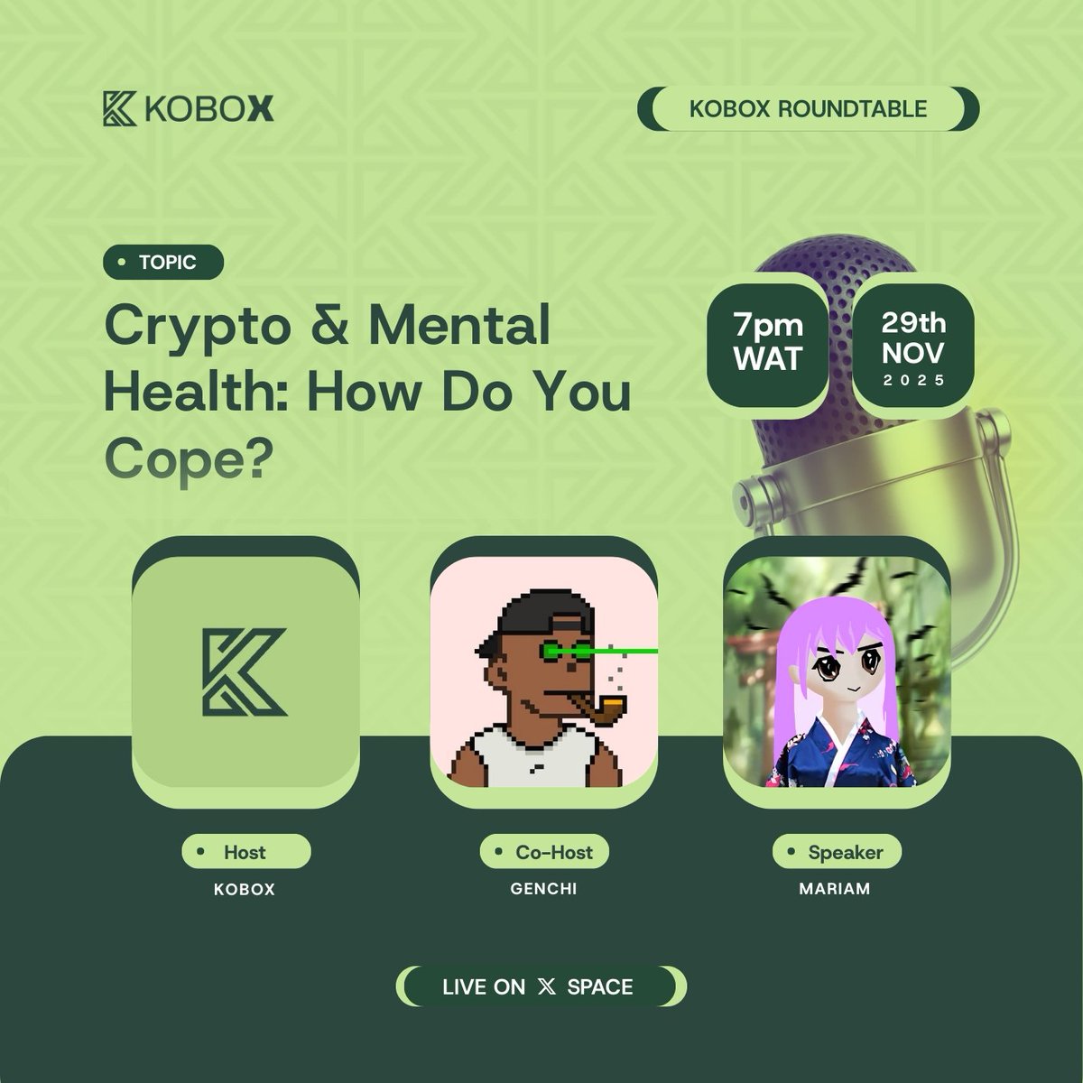 KoboxFinance's tweet image. Crypto is exciting, but it can also mess with your mental health.

Today, we’re having a real conversation:

Crypto, Web3 &amp;amp; Mental Health: How Do You Cope?

🗓 Sat | ⏰ 7 PM (WAT)
🎙 Host: @KoboxFinance
👥 Co-host: @Genchiofweb3
Special guest: @Miraletofdefi

Let’s talk. Let’s…