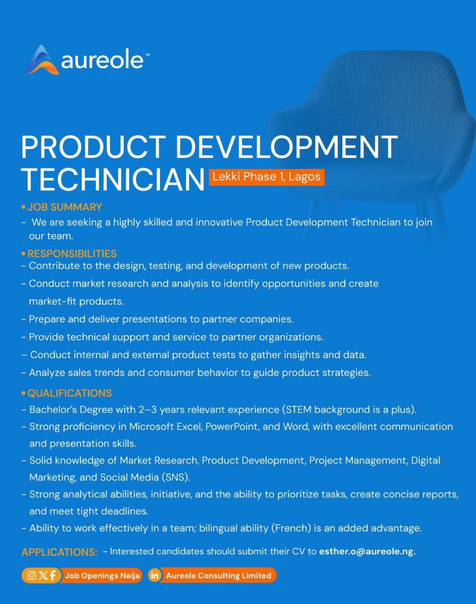 JobBusStop's tweet image. Product Development Technician 

Location: Lekki, Lagos state

To apply send your cv to careers@aureole.ng using the job title as the subject.