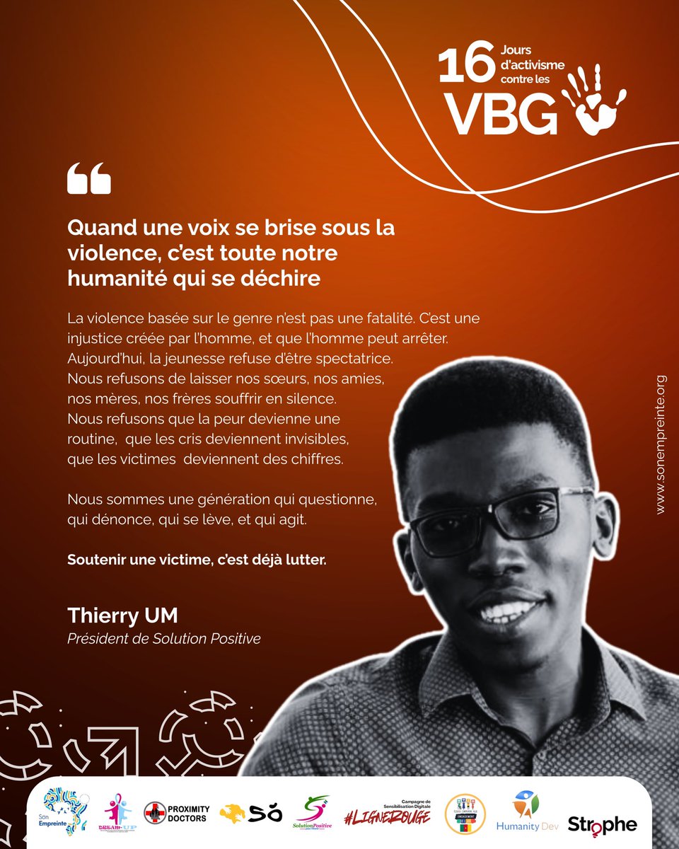 🟧 16 Jours d’Activisme contre les VBG
✨ Message du jour — Porté par @SolutionPositive

Nous sommes une génération qui questionne, qui dénonce, qui se lève, qui agit. Parce qu’il suffit parfois d’un geste, d’une écoute, d’une main tendue pour briser un cycle.

#16JoursDActivisme