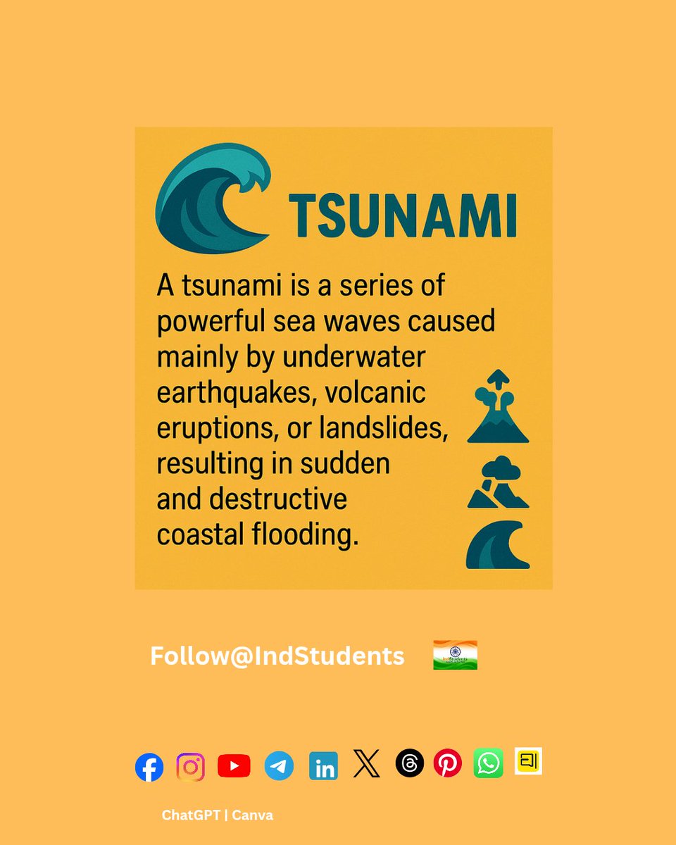 ind_students's tweet image. 🌊 TSUNAMI 
Huge sea waves caused by underwater earthquakes or volcanic eruptions — leading to sudden coastal flooding.

👉 Follow @IndStudents 🇮🇳
#Tsunami #CoastalFlooding #NaturalDisasters #Geography #EducationPage #IndStudents