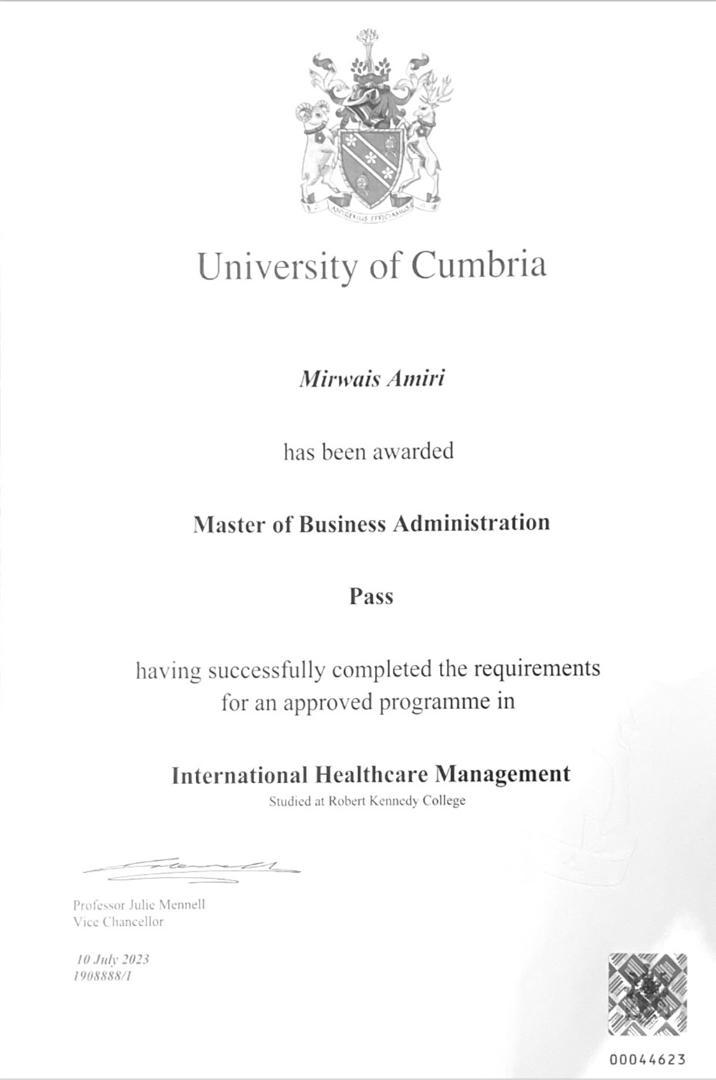 amiri_m_complex's tweet image. We are pleased to share that Dr Mirwais Amiri Chairman &amp;amp; CEO of AMC successfully graduated with an MBA in International Healthcare Management from the University of Cumbria, UK. This achievement reflects his dedication to leadership and improving healthcare quality.