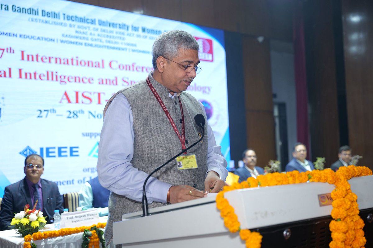 NIELITIndia's tweet photo. Dr. M. M. Tripathi, DG, #NIELIT, graced the International Conference on #ArtificialIntelligence &amp; Speech Technology at #IGDTUW , Delhi as Chief Guest and delivered an insightful keynote address on the future of #AI and emerging tech. 🤖📡 #AISTconference2025 https://t.co/8hPpKKsXuK