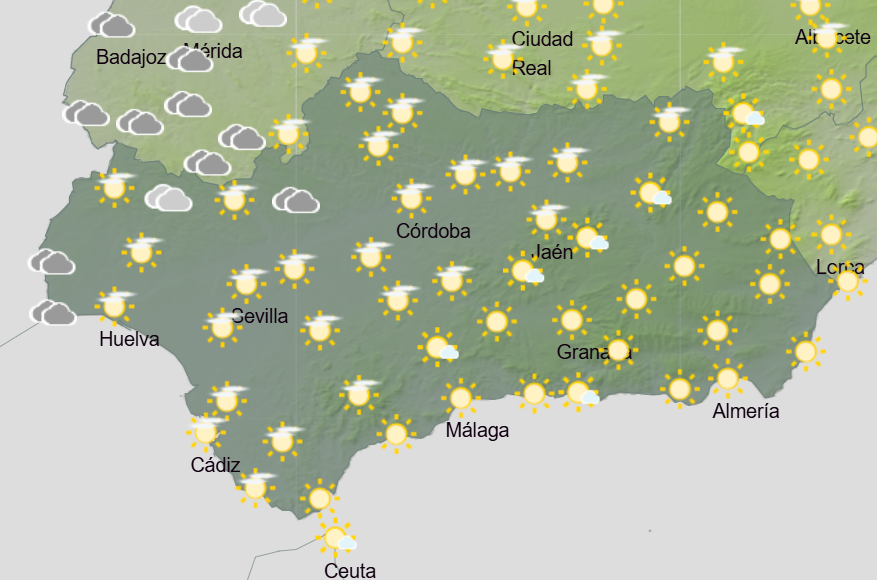 🥐 #BuenosDías #Andalucía 

🌤️ Cielos poco nubosos, aumentando a nubosos de oeste a este a lo largo del día

🌡️ Temperaturas mínimas en ligero ⏫

💨 Vientos flojos variables, tendiendo a soplar de componente oeste durante la segunda mitad del día