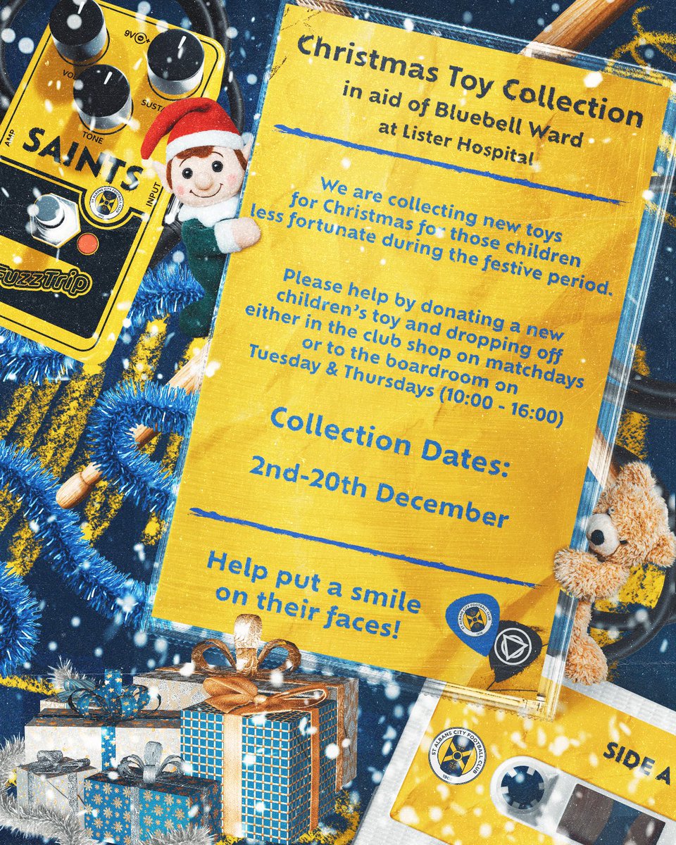 Christmas Toy Collection in Aid of Bluebell Ward at Lister Hospital 🎄🧸🧩💛

We are collecting new toys this Christmas for children who are less fortunate during the festive season.

You can help bring a smile to their faces by donating a new children’s toy. Donations can be