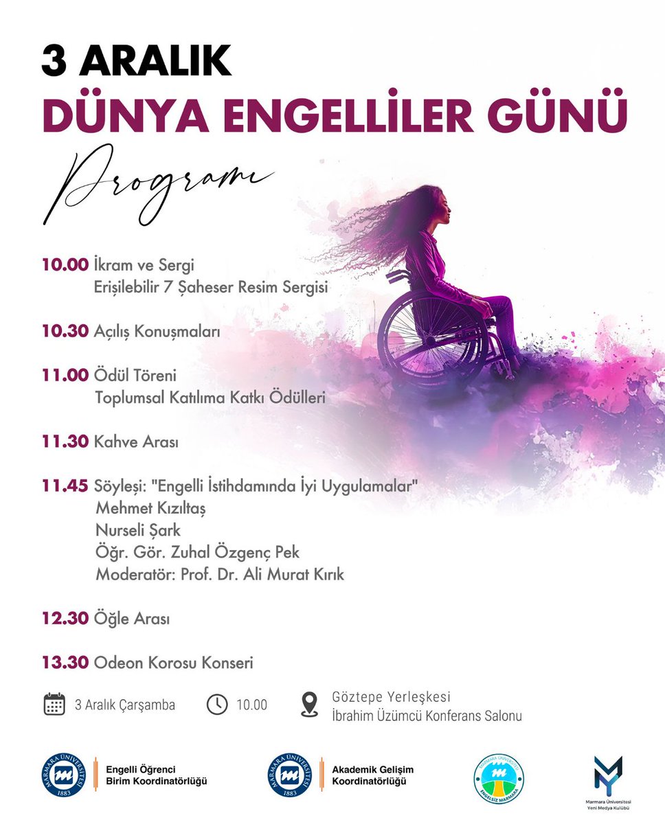 3 Aralık Dünya Engelliler Günü’nde Marmara Üniversitesi’ndeyiz! 💜

Kapsayıcı istihdam, erişilebilir sanat, ödül töreni ve “Engelli İstihdamında İyi Uygulamalar” söyleşisiyle dolu bir gün.

📍 MÜ Göztepe – 10.00
Sen de katıl.

#3Aralık #Erişilebilirlik #Engelliİstihdamı