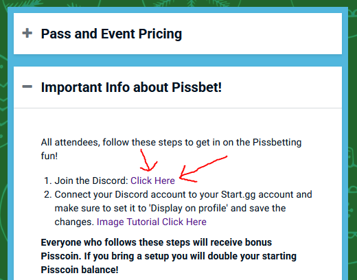 QueenslandUlt's tweet photo. PISSBET INFO!

To participate in the Pissbet fun and maybe win some sick prizes join the Pissbet Discord before the event!

Invite link can be found on the Pissmas 6 startgg home page. Make sure you follow the instructions below to connect your Discord to your startgg account. https://t.co/Q0q9bIJUyN