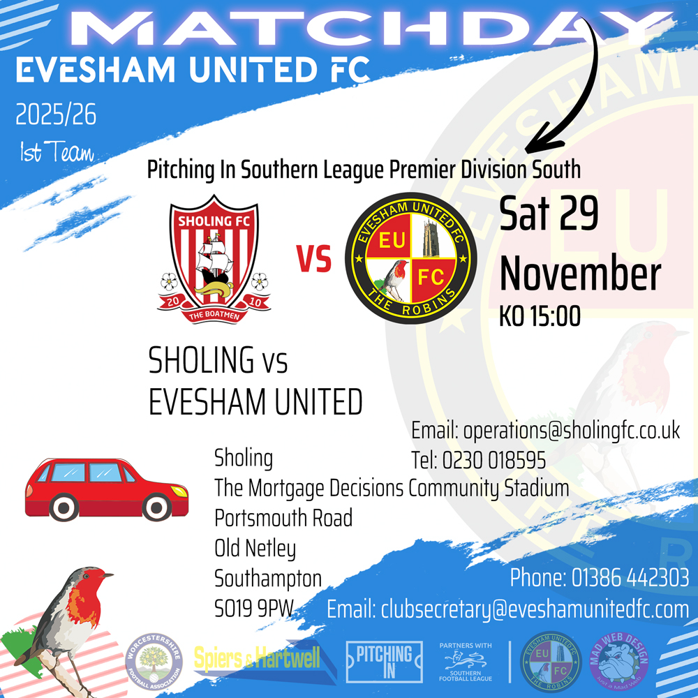 EveshamUnitedFC's tweet image. 🗣️ MATCHDAY AWAY
⚽️ @sholingfc 🆚 @EveshamUnitedFC
📆 Sat 29 Nov 🏆 @SouthernLeague1
⏰ 15:00 KO
📍 Portsmouth Road, Old Netley, Southampton, Hampshire SO19 9PW
🔴⚪️#TheRobins