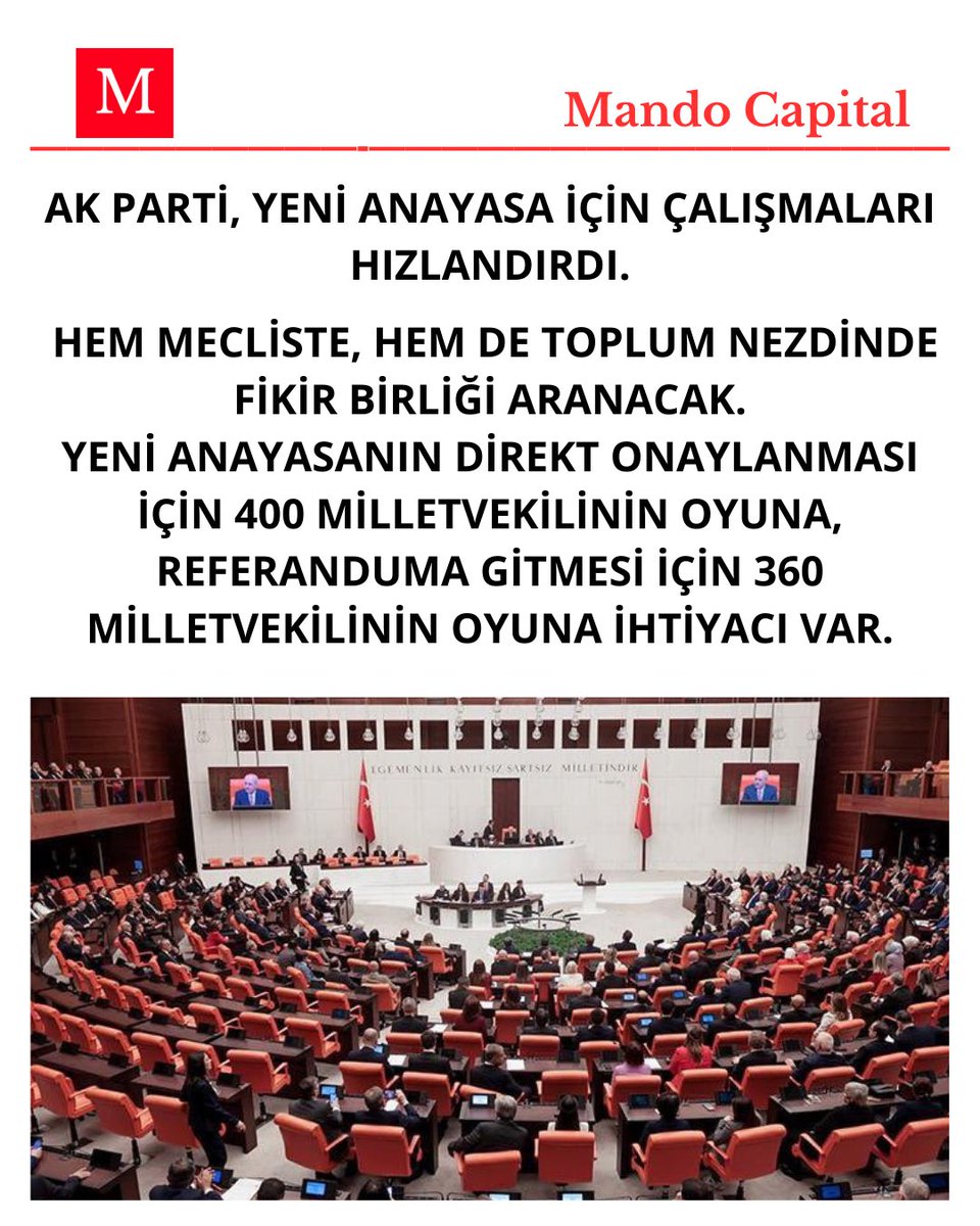 AK Parti, yeni anayasa için çalışmaları hızlandırdı.

— Hem mecliste, hem de toplum nezdinde fikir birliği aranacak.

— Yeni anayasanın direkt onaylanması için 400 milletvekilinin oyuna, referanduma gitmesi için 360 milletvekilinin oyuna ihtiyacı var.
#cumartesi #papa
