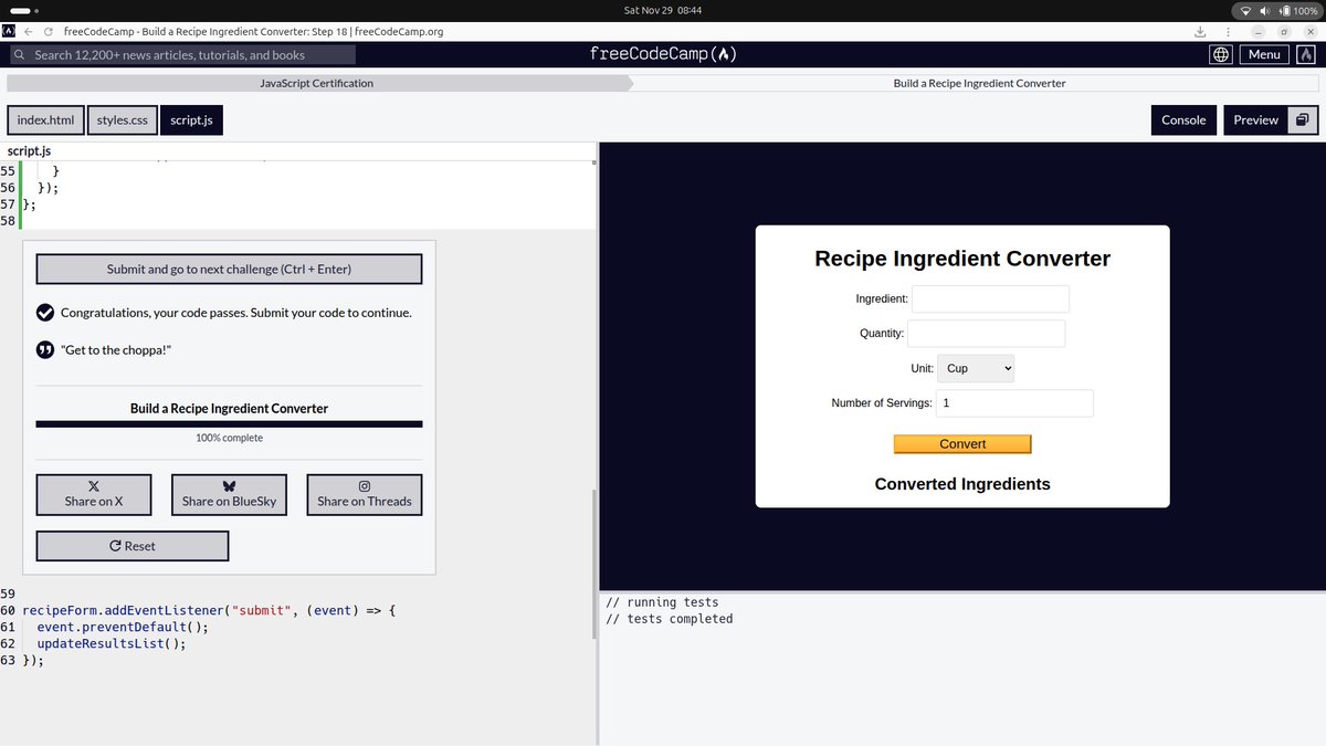 ChoHalle's tweet image. I have completed Build a Recipe Ingredient Converter #freecodecamp
 freecodecamp.org/learn/javascri…