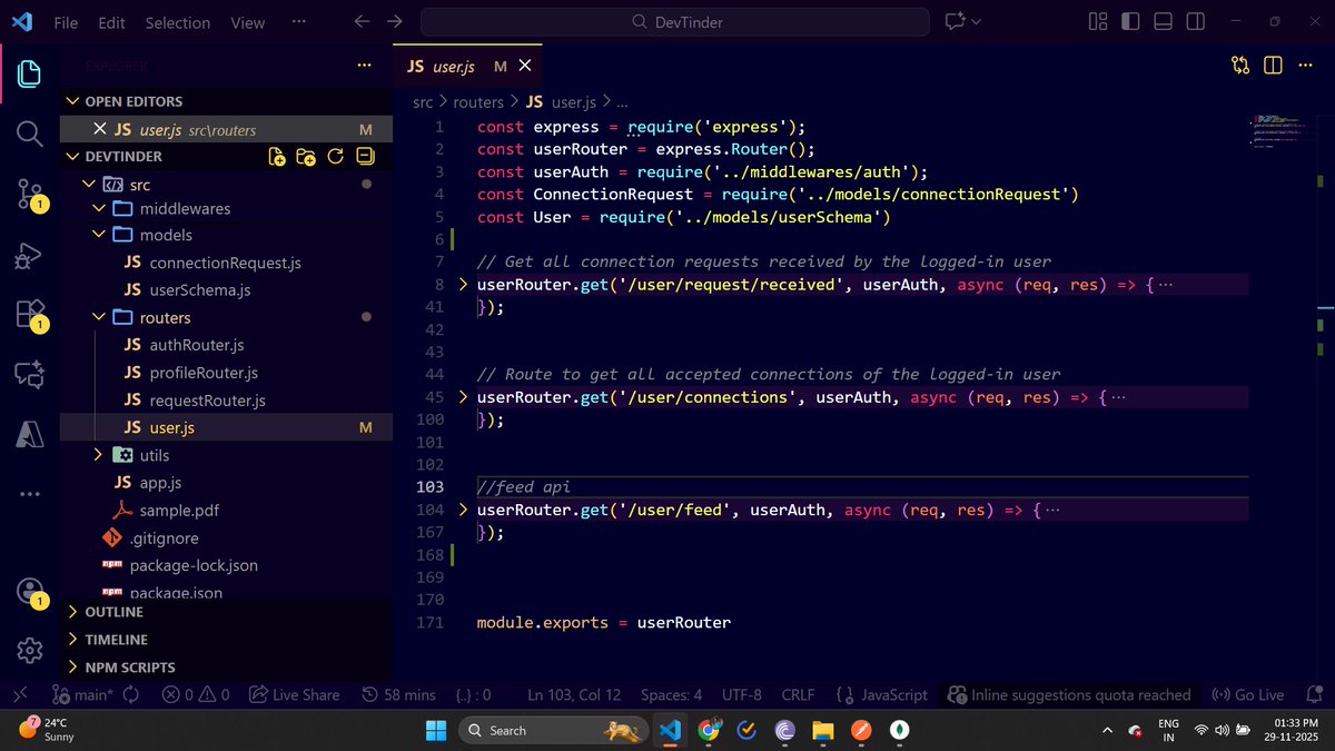 meghraj_thakre1's tweet image. backend!!!!!
Improved my /user/feed API today — added clean filtering + pagination.
Now hiding: connected users, pending requests &amp;amp; self.
Used Set + skip/limit for smooth performance.
Thanks to @akshaymarch7  sir for the constant clarity 
#Nodejs #Backend #MongoDB #javascript