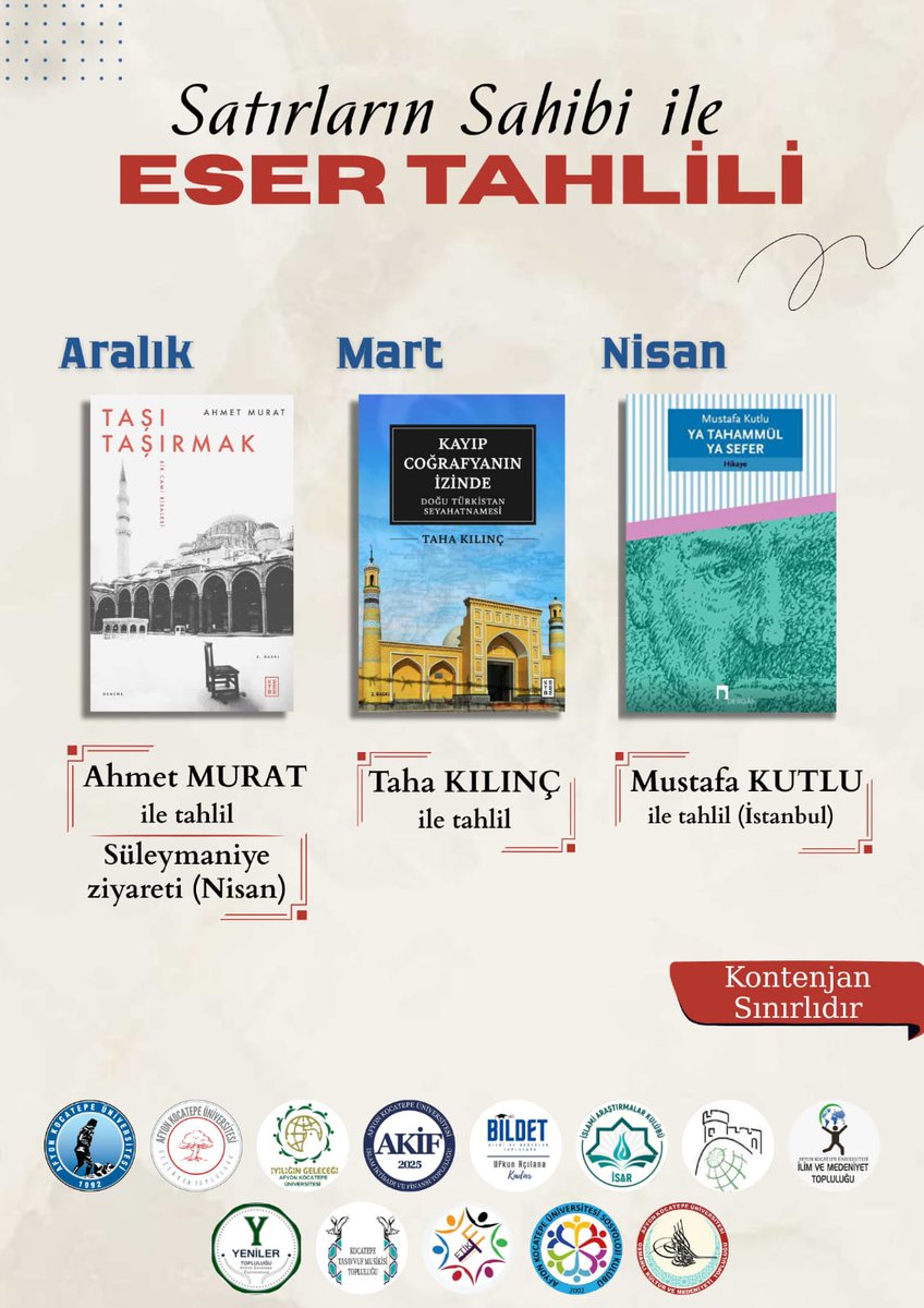 akifam_'s tweet photo. Satırların Sahibi ile Eser Tahlili Başlığıyla bol istifadeli olacak bir program düzenledik. Beraber bu 3 kitabı okuyup eserlerin sahipleriyle tahlil yapacağız. Kitapları yazarlarının dilinden daha güzel kavrayacak ve bu satırların sahipleriyle tanışma fırsatını elde edeceğiz. https://t.co/jTfFf0FSCL