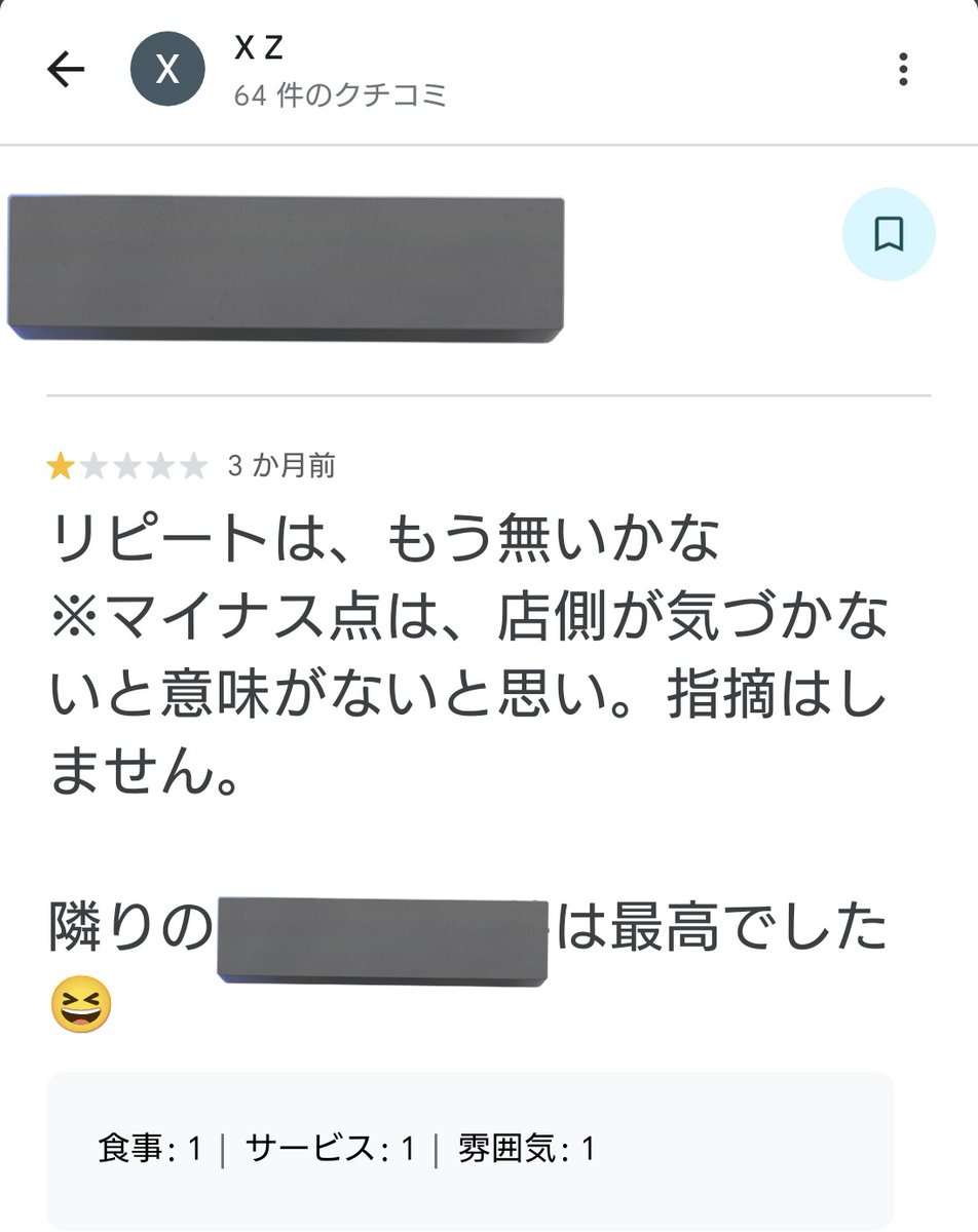 レビュー投稿のほとんどを星1評価してるヤバい奴で、その評価理由も