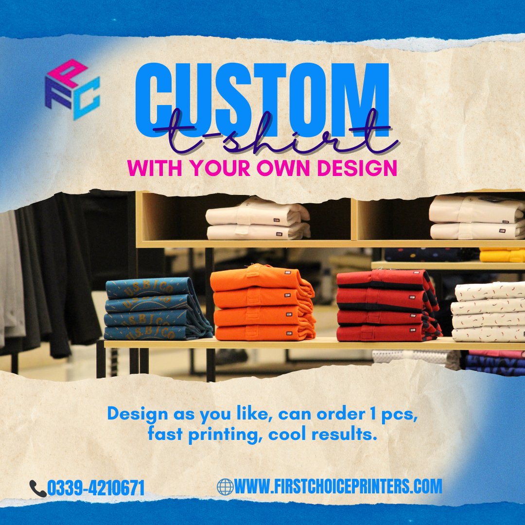 firstchoice_p's tweet image. Bring your ideas to life with custom T-shirt printing! From single pieces to bulk orders  fast, clean, and high-quality prints every time. Design it your way with First Choice Printers! 

📞 0339-4210671
🌐 firstchoiceprinters.com

#FirstChoicePrinters #CustomTShirts