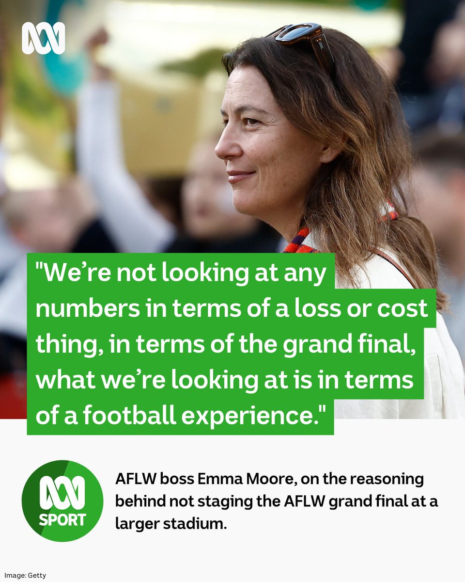 abcsport's tweet image. AFLW GM Emma Moore says the decision not to stage the AFLW grand final at Docklands Stadium, locking some fans out, is not a matter of cost.

It boils down to this: the AFL thinks the experience of being in a full smaller stadium, is better than being in a half-full large one.…
