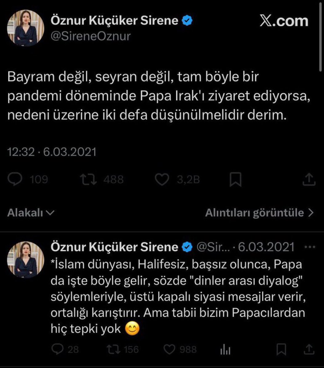 Zafer Partili Fatih Eryılmaz, Papa’nın İznik ayini hakkında iki yüzlülük yapan AKP’li Öznur Küçüker Sirene’yi rezil etti: 

“Uluslar arası ilişkiler uzmanı olduğunu iddia eden Öznur, Papa ile ilgili fikrinin 180 derece değişmesinin saiklerini hala açıklayamadı.

Bu kadının eşinin