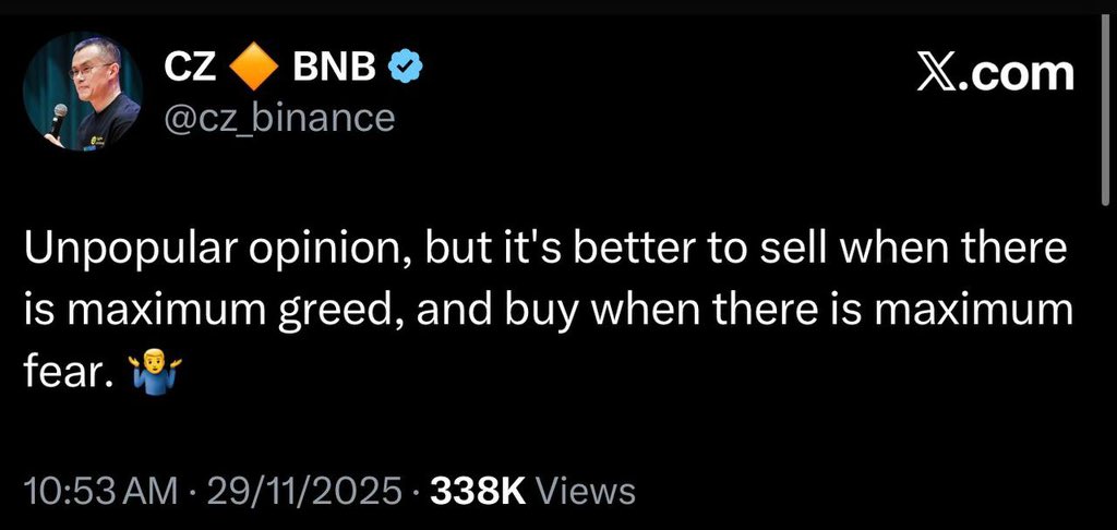 Cipher2X's tweet image. What @cz_binance said has been repeated for years in different forms. 

For me the real insight here is not just “buy fear, sell greed” it is understanding how sentiment shapes opportunity 

You can feel it in the streets of this market when everyone is loudly confident, the room…