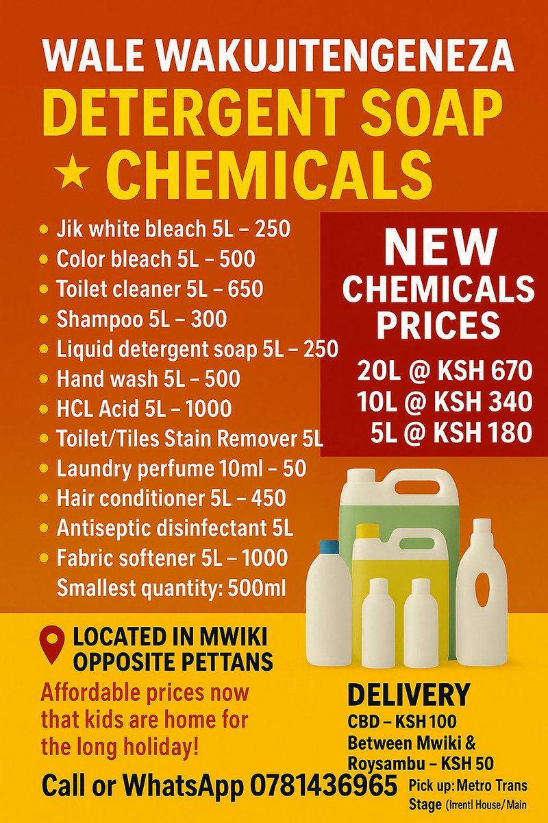 _p_al_'s tweet image. ‼️🌸❤️✨‼️✨✨WALE WAKUJITENGENEZEA MULTIPURPOSE  DETERGENT SOAP CHEMICALS AVAILABLE ‼️✨✨

🔹 Jik white bleach 5L —ksh 250
🔹 Color bleach 5L — 500
🔹 Toilet cleaner 5L — 650
🔹 Hand wash 5L — 500
🔹 HCL Acid 5L — 1000
Call 0781436965 or
wa.me/254781436965