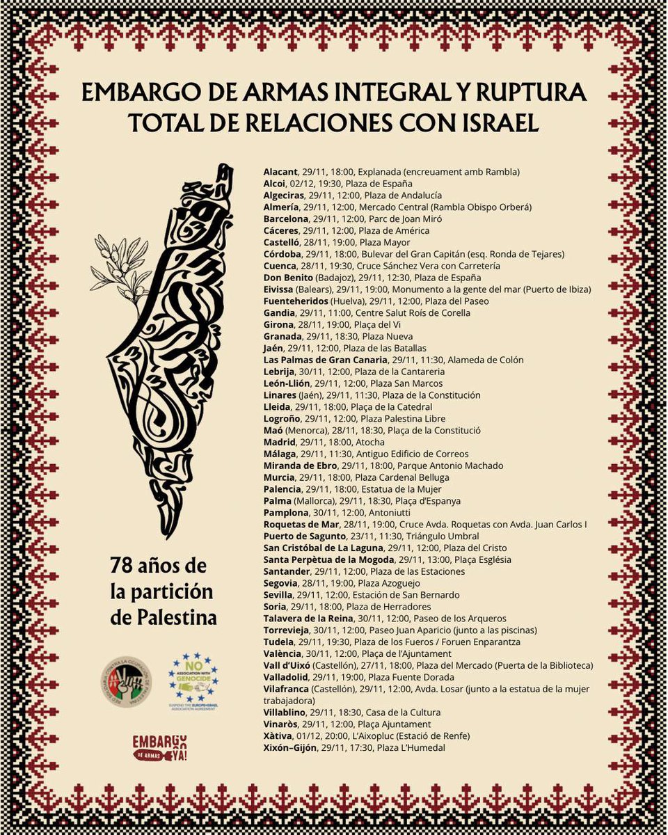 🇵🇸 Hoy volvemos a llenar las calles de nuestras ciudades de solidaridad con el pueblo palestino.
Hoy volvemos a exigir el fin del genocidio en Gaza y a condenar, sin ambigüedades, a la entidad genocida israelí y a todos sus cómplices.

Hoy volvemos a exigirle a nuestro Gobierno,