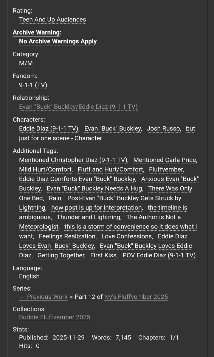 beat_the_bees's tweet image. ⛈️🛣️ alternate route🛣️⛈️

- rated t
- 7.1k, oneshot
- fluffvember day 18: inn
- a storm causes a disruption on their way home and forces eddie and buck to stay at an inn for the night
- ft. josh and eddie beef, a tree, and only one bed &amp;lt;3

🔗 archiveofourown.org/works/74939056