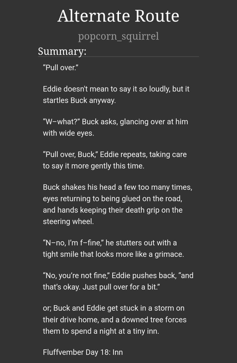 beat_the_bees's tweet image. ⛈️🛣️ alternate route🛣️⛈️

- rated t
- 7.1k, oneshot
- fluffvember day 18: inn
- a storm causes a disruption on their way home and forces eddie and buck to stay at an inn for the night
- ft. josh and eddie beef, a tree, and only one bed &amp;lt;3

🔗 archiveofourown.org/works/74939056